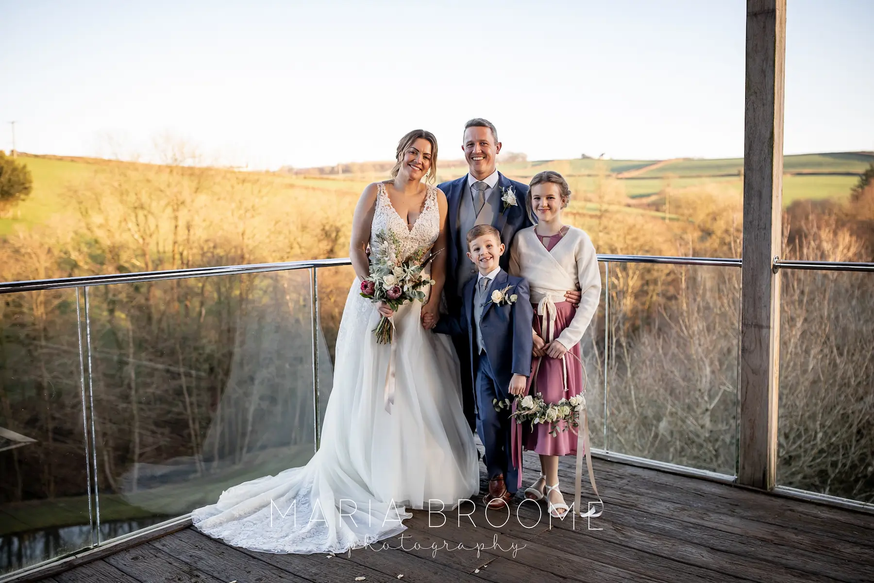 A family group portrait at an intimate wedding at Tree Top Escape, North Devon