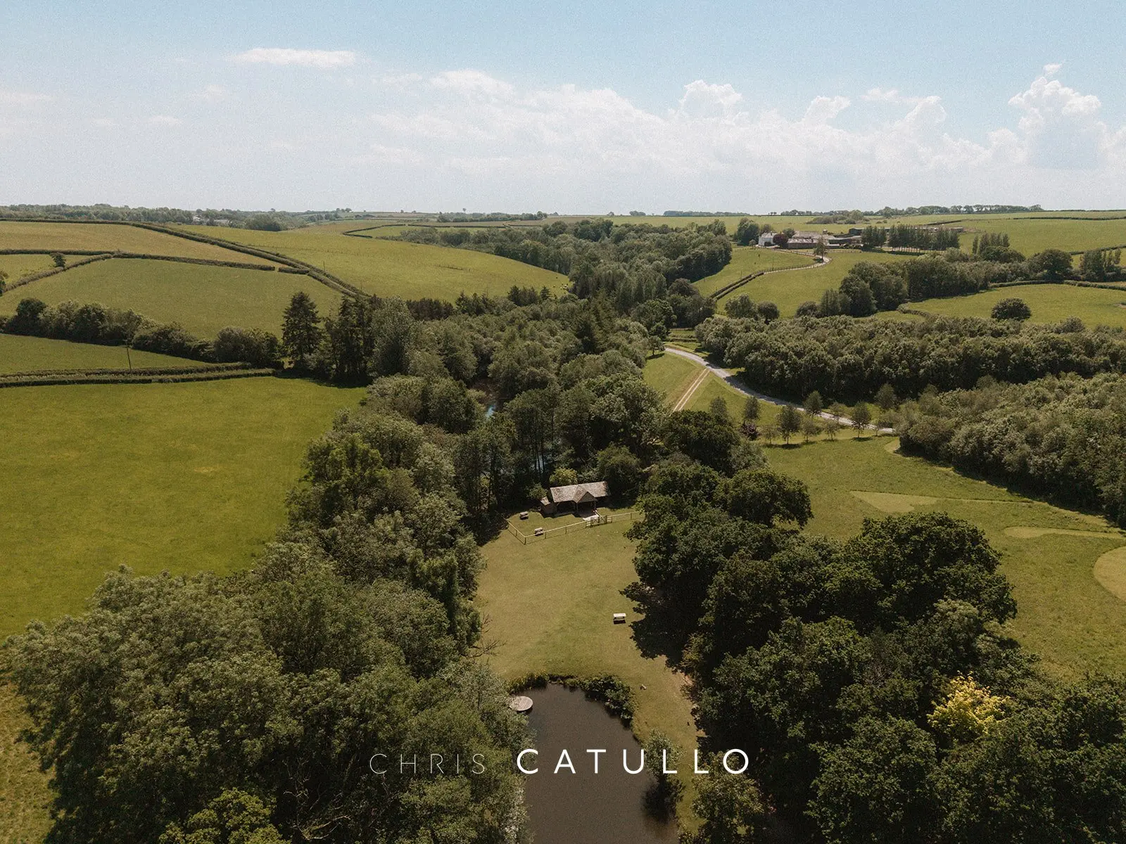 Aerial view of Tree Top Escape and the surrounding Devon countryside