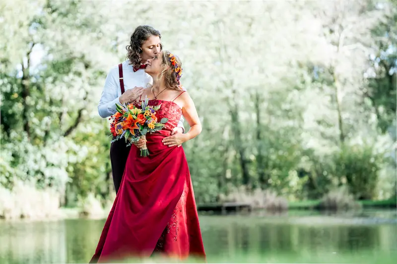 Same sex wedding in Devon woodland setting